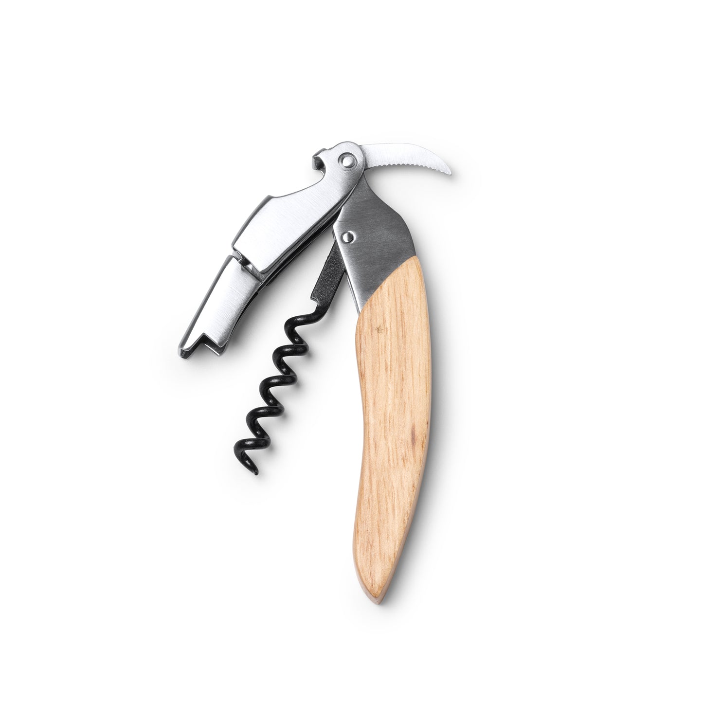El sacacorchos de acero inoxidable de estilo clásico con mango en madera.