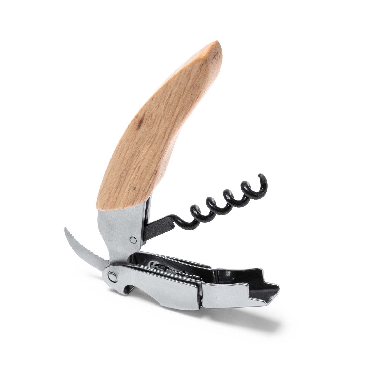El sacacorchos de acero inoxidable de estilo clásico con mango en madera.
