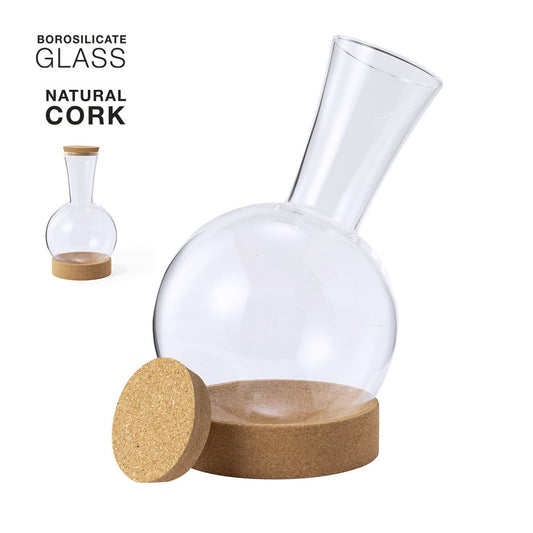 Decantador de línea nature, fabricado en cristal de borosilicato y con base y tapón en corcho natural
