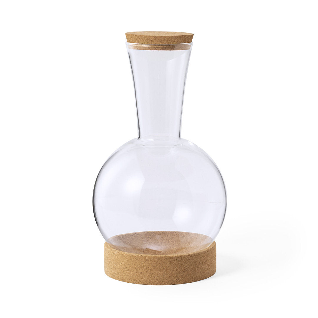 Decantador de línea nature, fabricado en cristal de borosilicato y con base y tapón en corcho natural