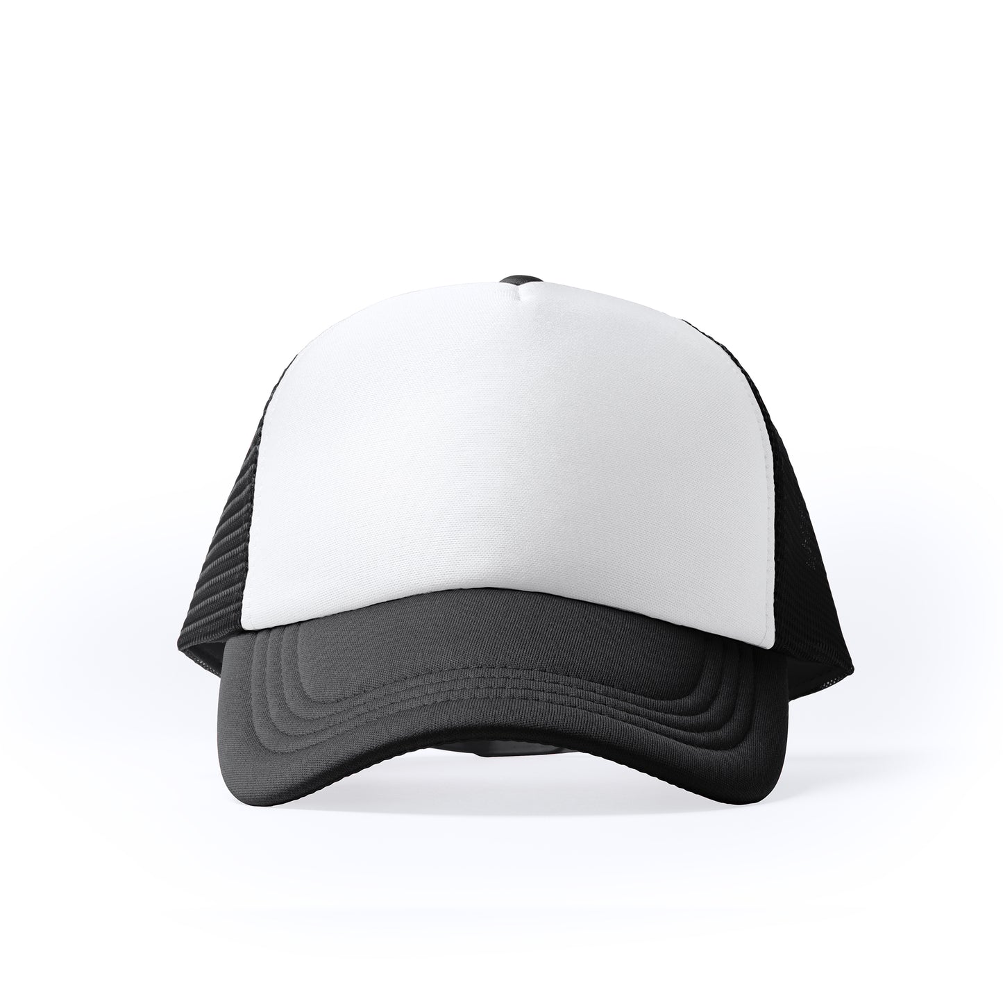 Gorra de políester de 5 paneles con panel frontal acolchado en color blanco.