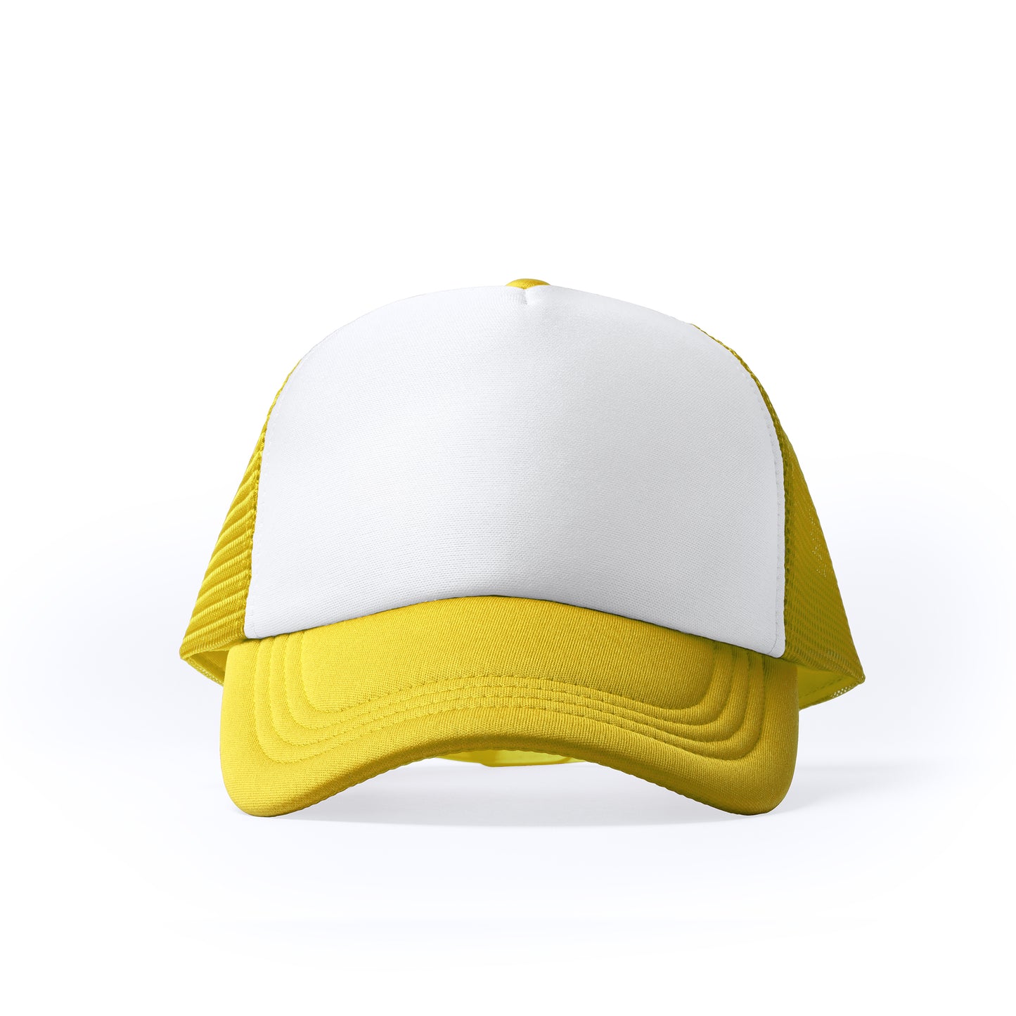 Gorra de políester de 5 paneles con panel frontal acolchado en color blanco.