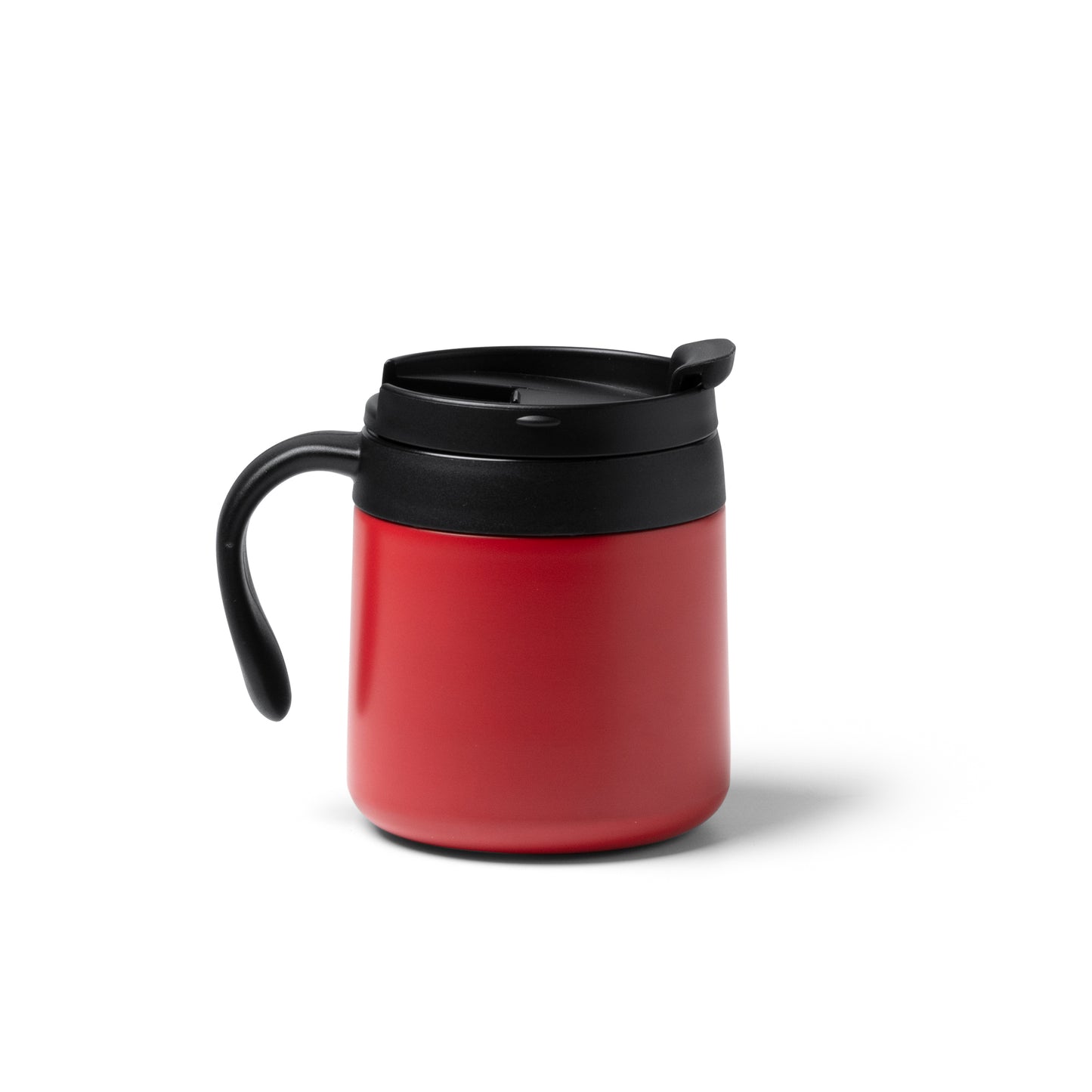 Taza de acero inoxidable 304 reciclado de doble pared con tapa a rosca y asa. Capacidad de 350 ml.