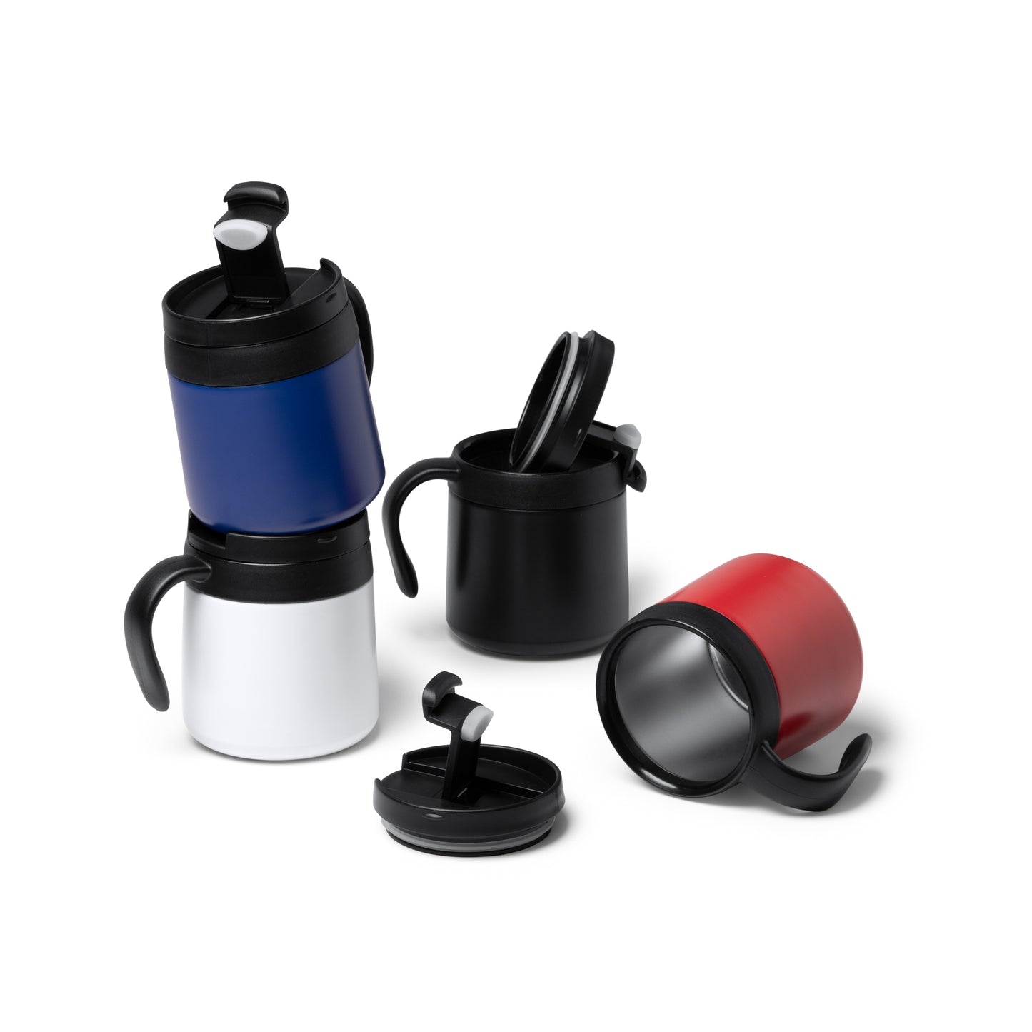 Taza de acero inoxidable 304 reciclado de doble pared con tapa a rosca y asa. Capacidad de 350 ml.