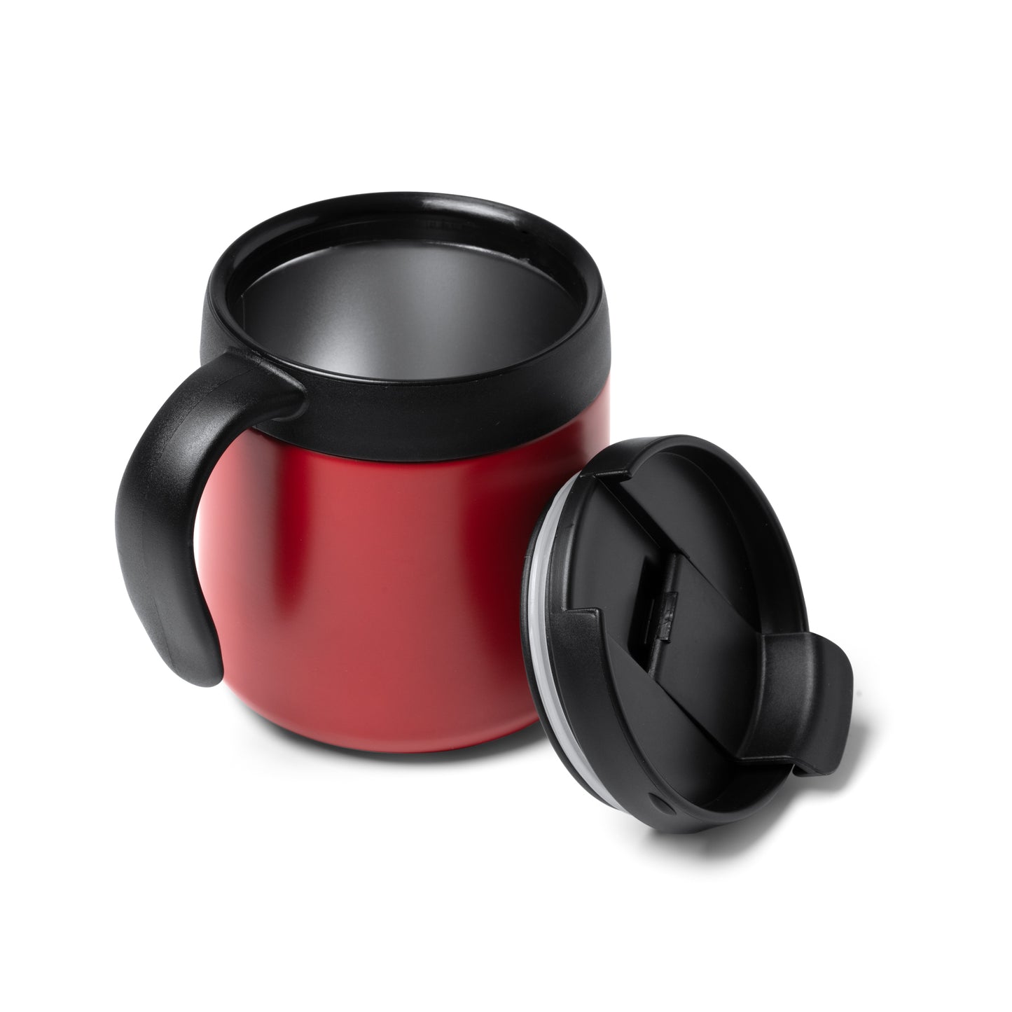 Taza de acero inoxidable 304 reciclado de doble pared con tapa a rosca y asa. Capacidad de 350 ml.