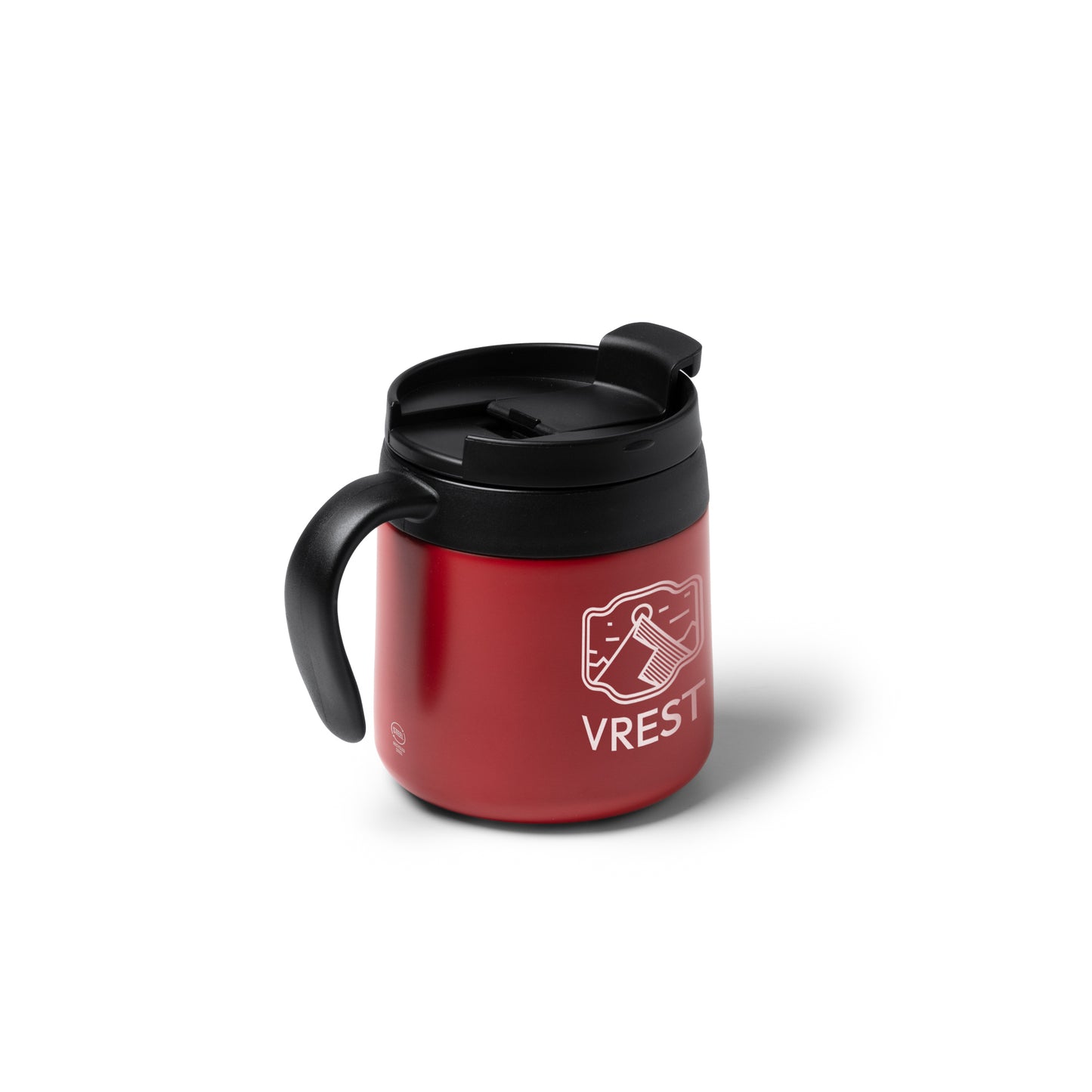 Taza de acero inoxidable 304 reciclado de doble pared con tapa a rosca y asa. Capacidad de 350 ml.
