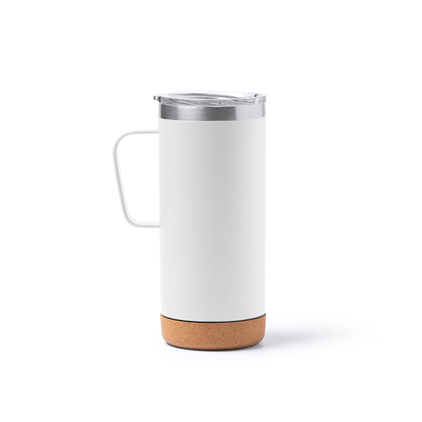 Taza de acero inoxidable reciclado de doble pared con base de corcho y tapa de seguridad transparente. Capacidad de 600 ml.