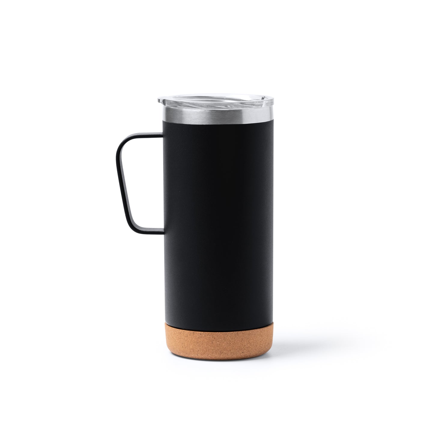 Taza de acero inoxidable reciclado de doble pared con base de corcho y tapa de seguridad transparente. Capacidad de 600 ml.