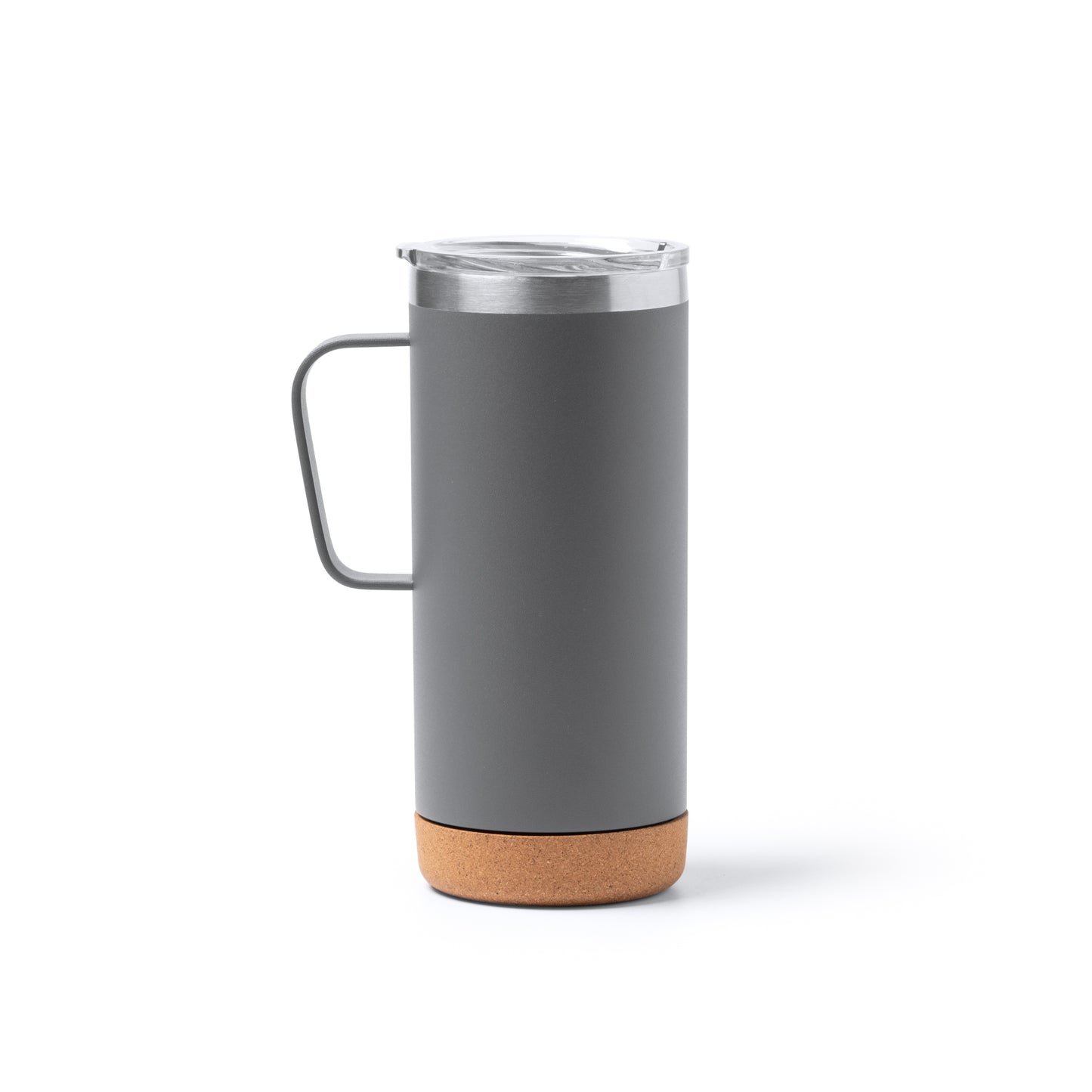 Taza de acero inoxidable reciclado de doble pared con base de corcho y tapa de seguridad transparente. Capacidad de 600 ml.