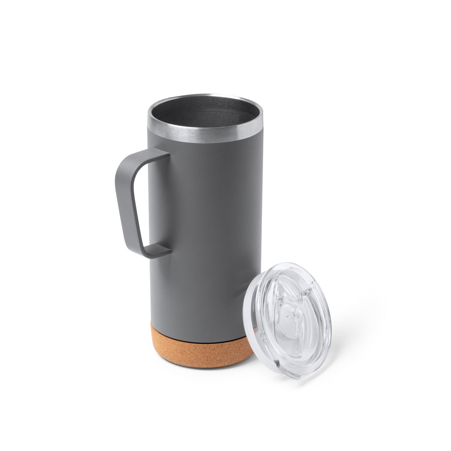 Taza de acero inoxidable reciclado de doble pared con base de corcho y tapa de seguridad transparente. Capacidad de 600 ml.