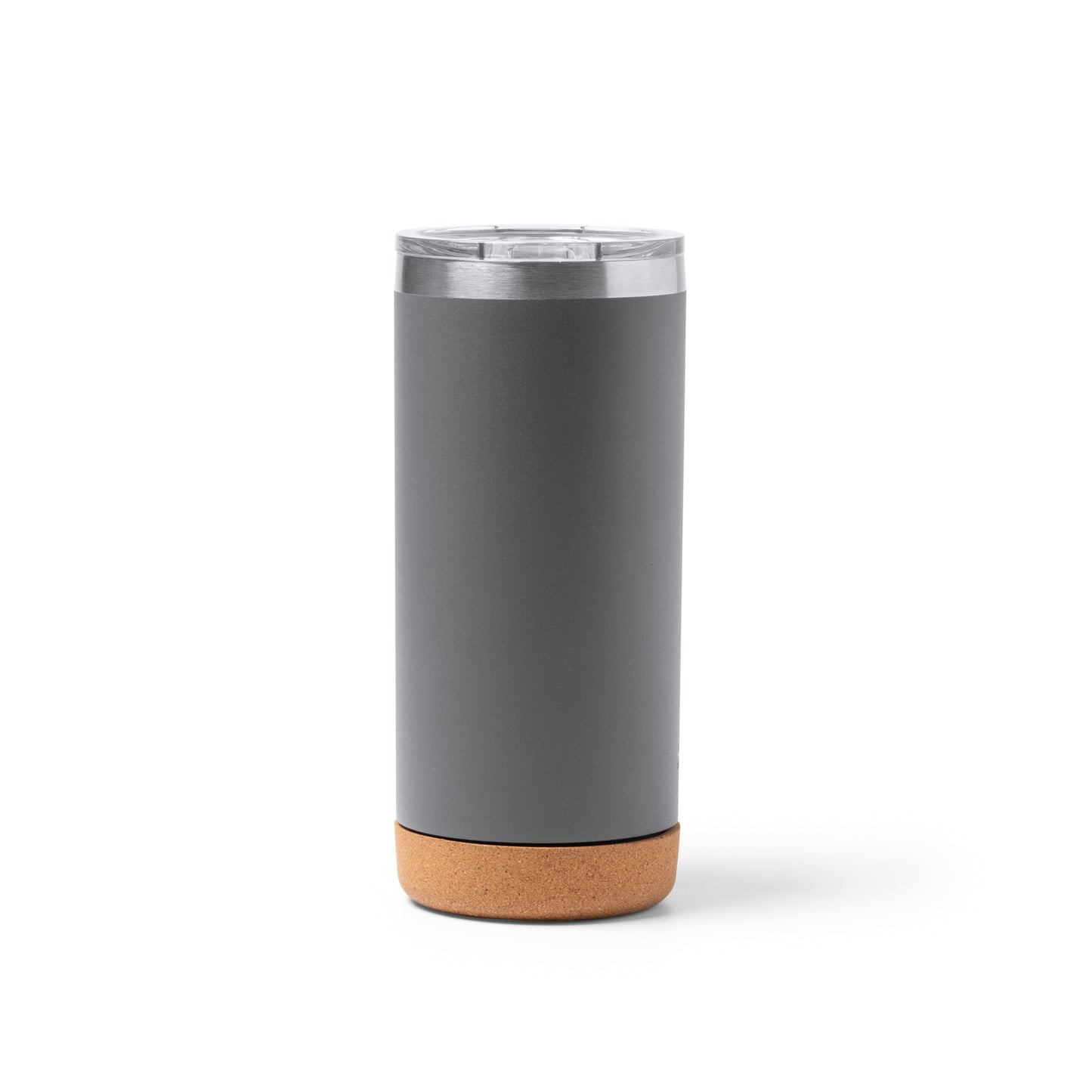 Taza de acero inoxidable reciclado de doble pared con base de corcho y tapa de seguridad transparente. Capacidad de 600 ml.
