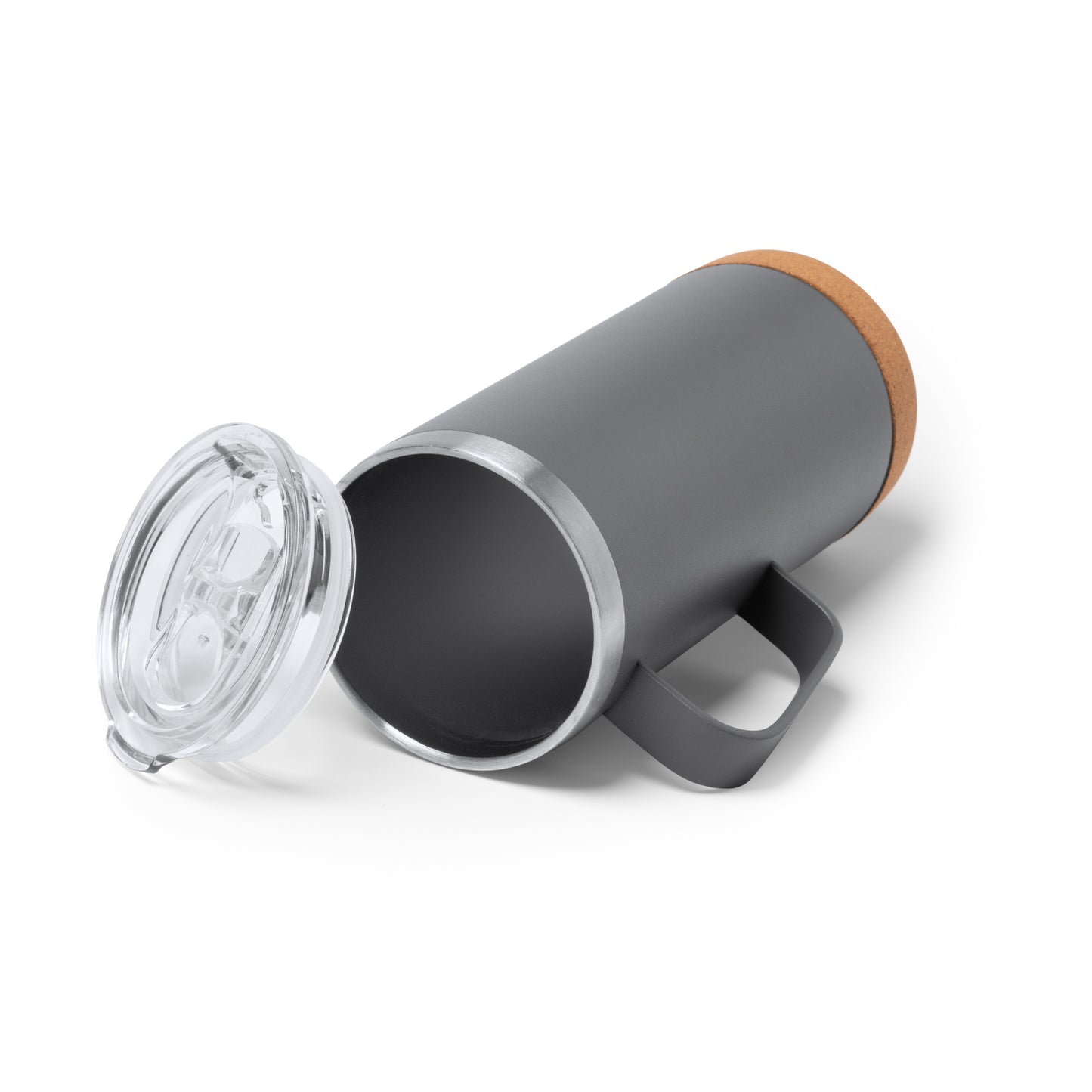 Taza de acero inoxidable reciclado de doble pared con base de corcho y tapa de seguridad transparente. Capacidad de 600 ml.