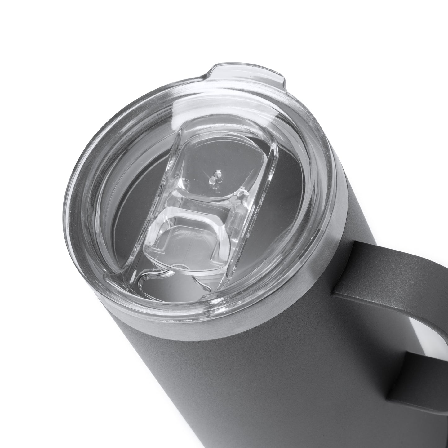Taza de acero inoxidable reciclado de doble pared con base de corcho y tapa de seguridad transparente. Capacidad de 600 ml.