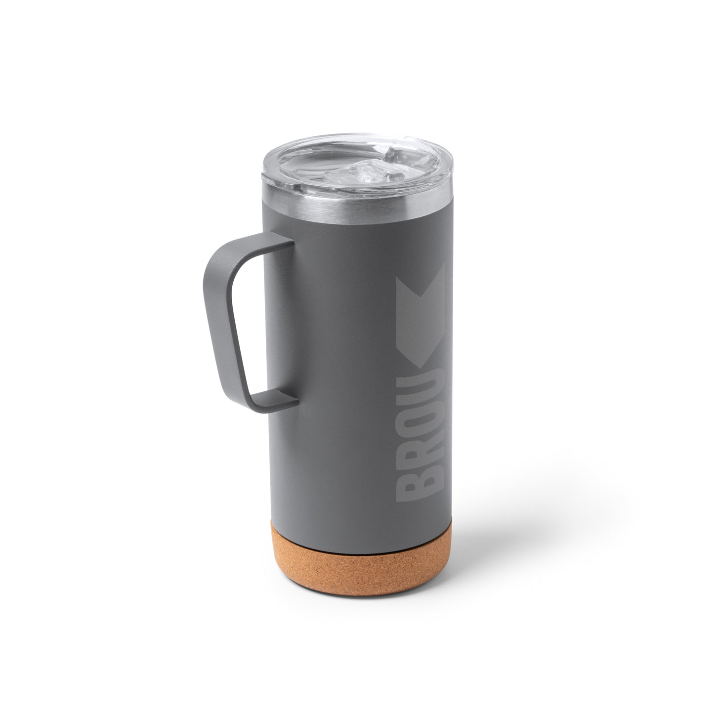 Taza de acero inoxidable reciclado de doble pared con base de corcho y tapa de seguridad transparente. Capacidad de 600 ml.