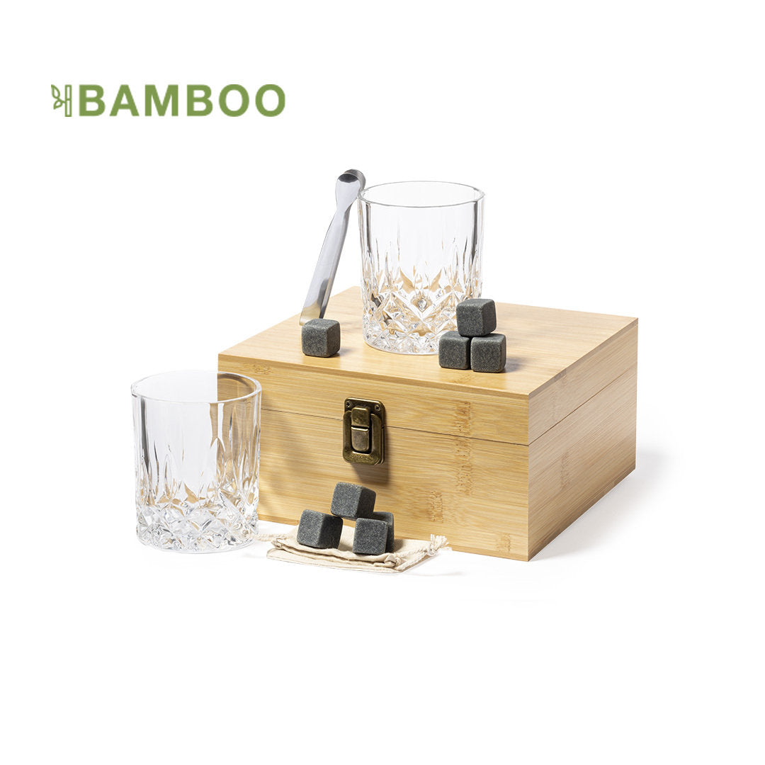 Set de whisky en elegante estuche de bambú con interior troquelado