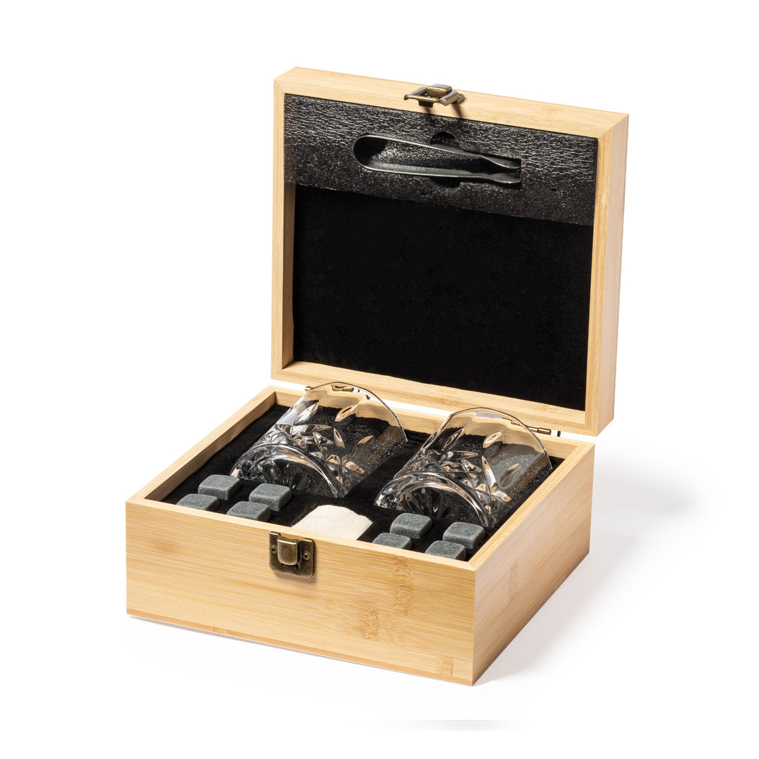 Set de whisky en elegante estuche de bambú con interior troquelado