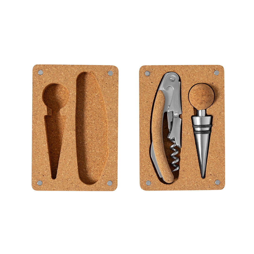 Set de vinos acabado en corcho. Accesorios de acero inox