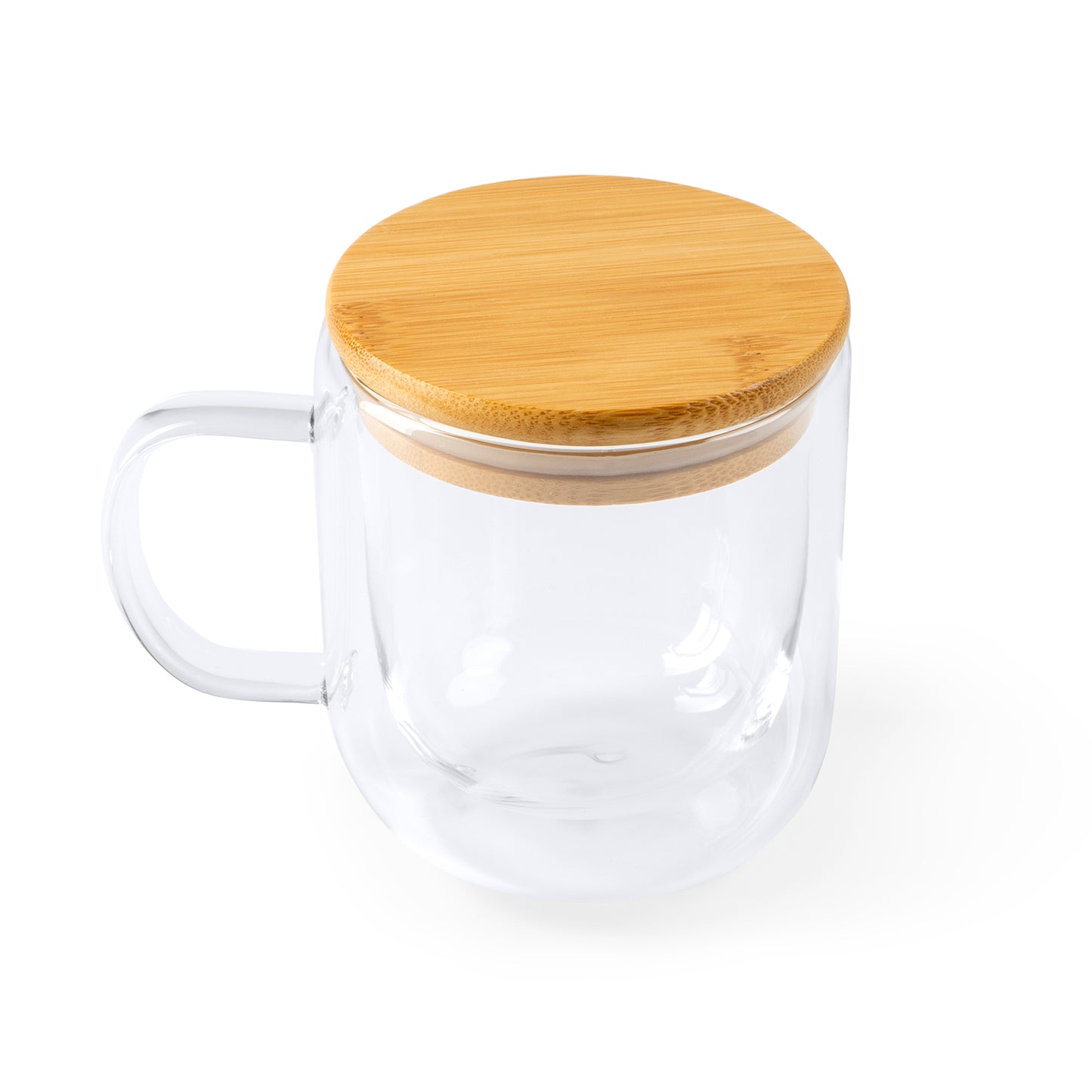 Taza de doble pared realizada en cristal borosilicato con tapa de bambú. Capacidad de 280 ml.