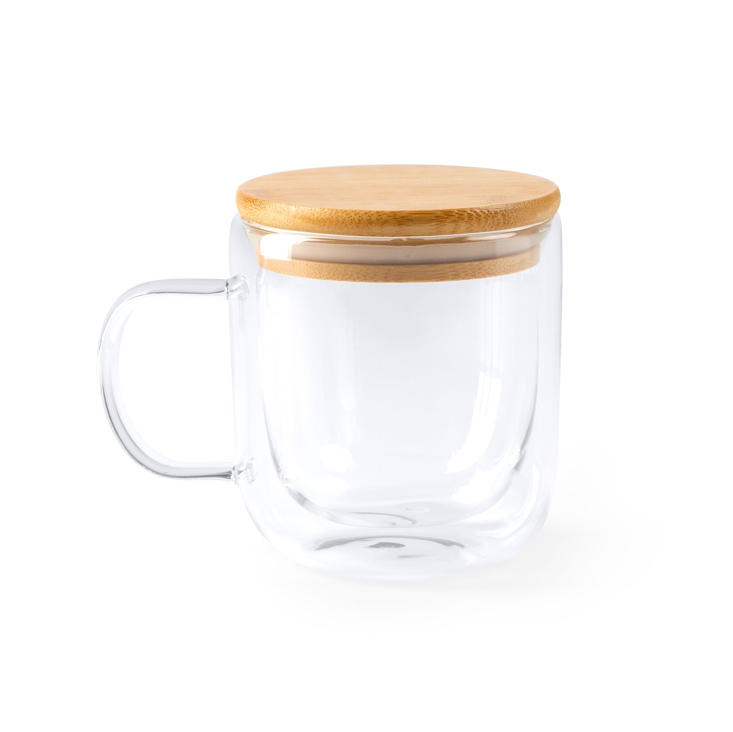 Taza de doble pared realizada en cristal borosilicato con tapa de bambú. Capacidad de 280 ml.