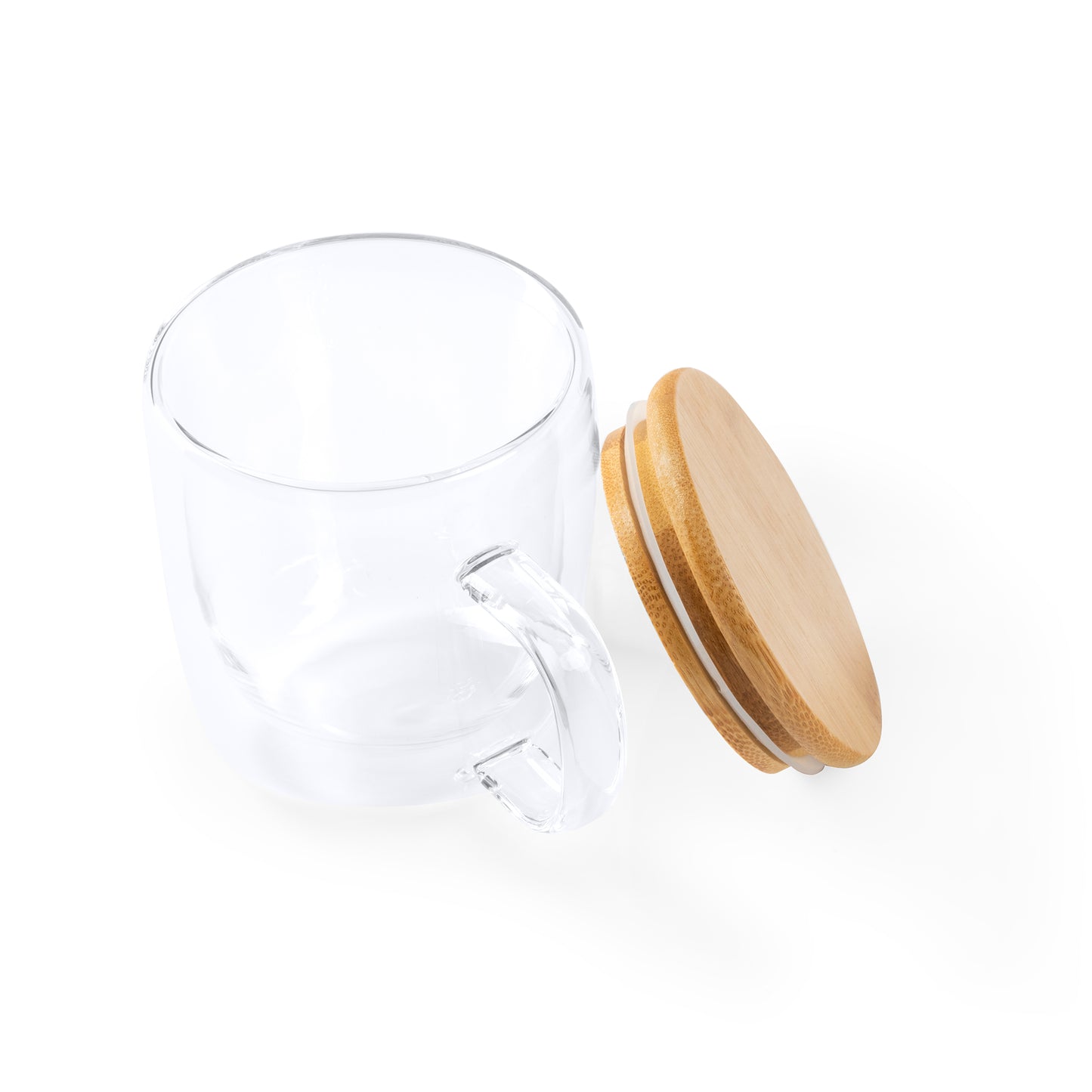 Taza de doble pared realizada en cristal borosilicato con tapa de bambú. Capacidad de 280 ml.