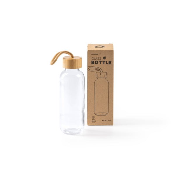 Bidón de cristal de 450 ml con tapón de bambú y cinta de transporte