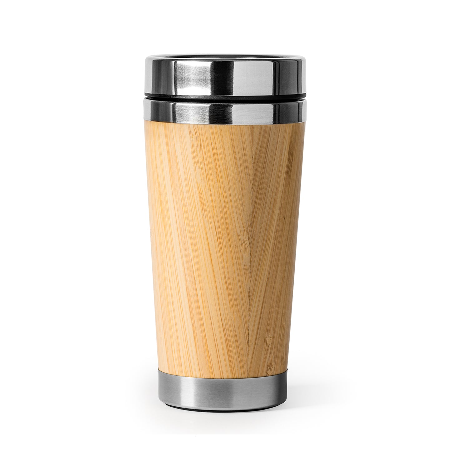 Vaso de acero inoxidable 304 con pared exterior de bambú. Capacidad de 500 ml.