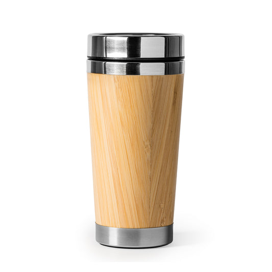 Vaso de acero inoxidable 304 con pared exterior de bambú. Capacidad de 500 ml.