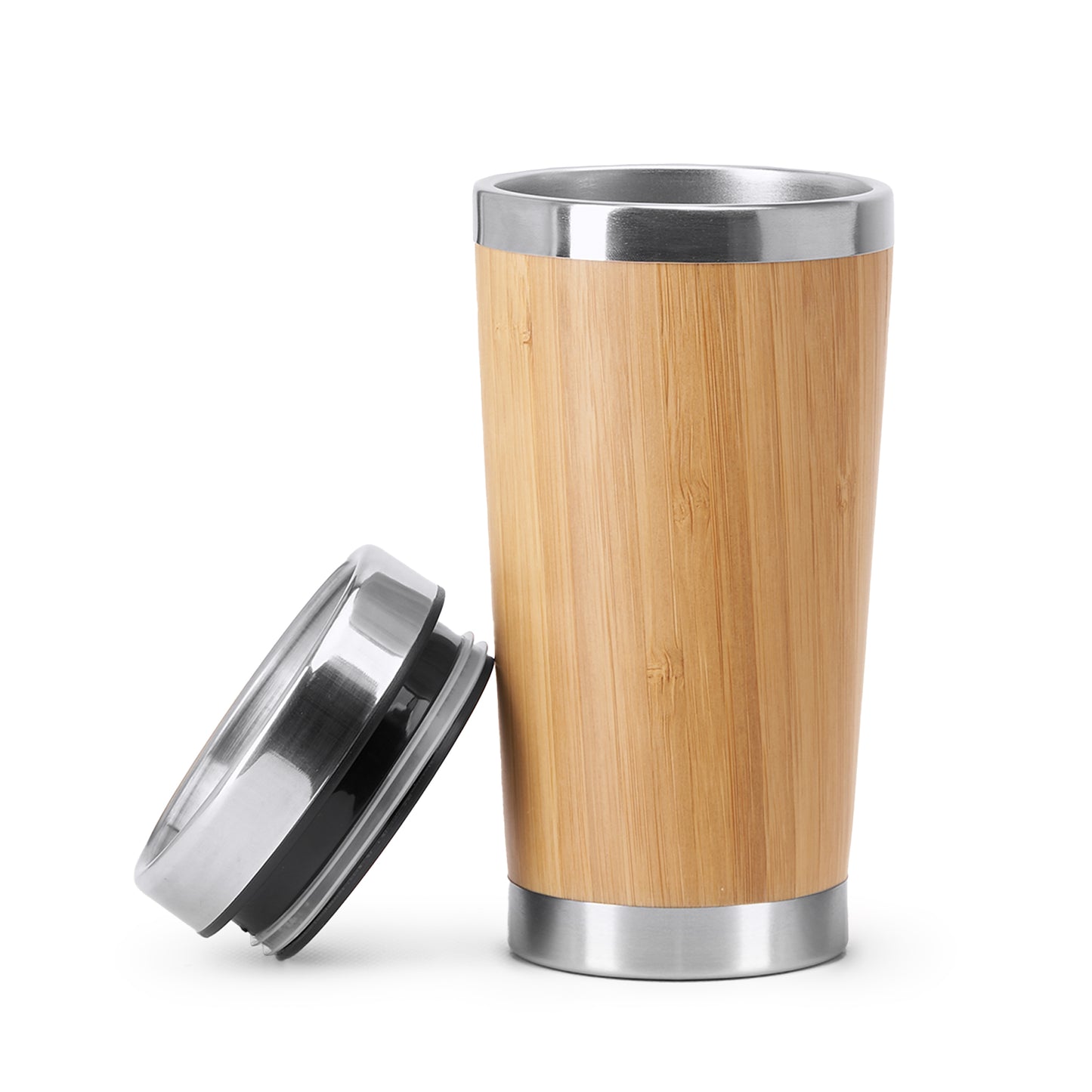 Vaso de acero inoxidable 304 con pared exterior de bambú. Capacidad de 500 ml.