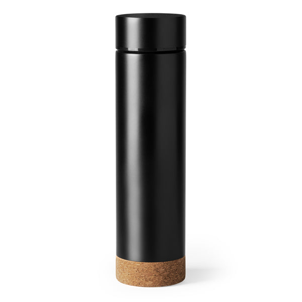Termo de acero con infusor de té y base de corcho