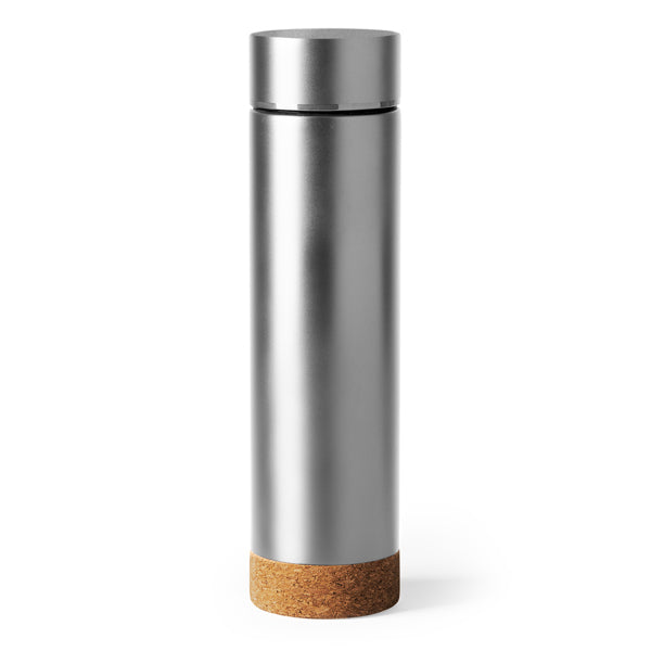 Termo de acero con infusor de té y base de corcho