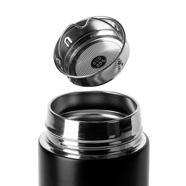 Termo de acero con infusor de té y base de corcho