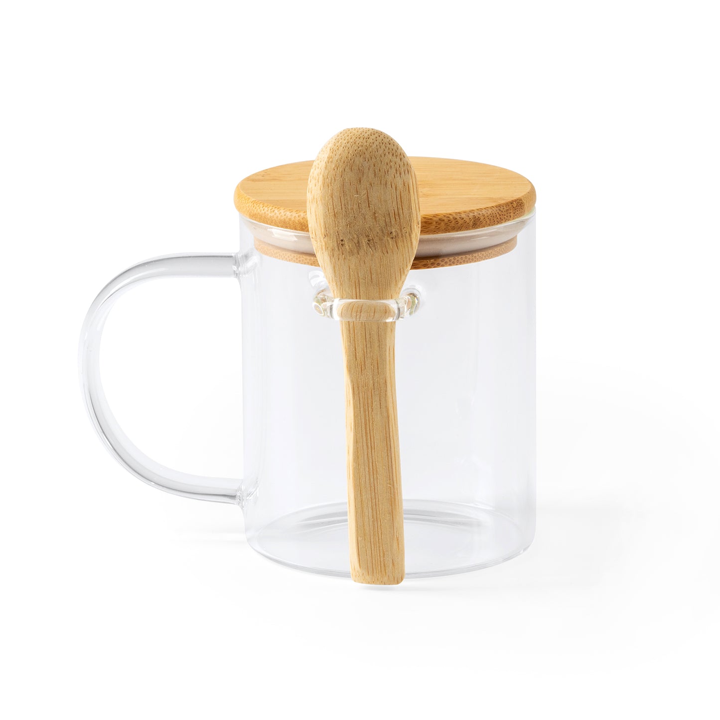 Fantástica taza de cristal borosilicato con tapa y cuchara de bambú a juego. Capacidad de 420 ml.