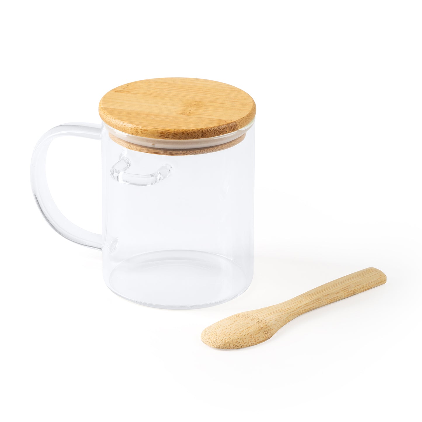 Fantástica taza de cristal borosilicato con tapa y cuchara de bambú a juego. Capacidad de 420 ml.