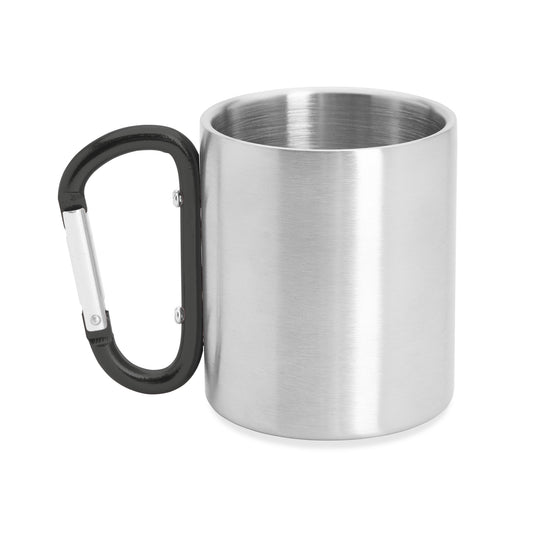 Taza metálica de doble pared con asa mosquetón ideal para transportar. Con capacidad 230 ml