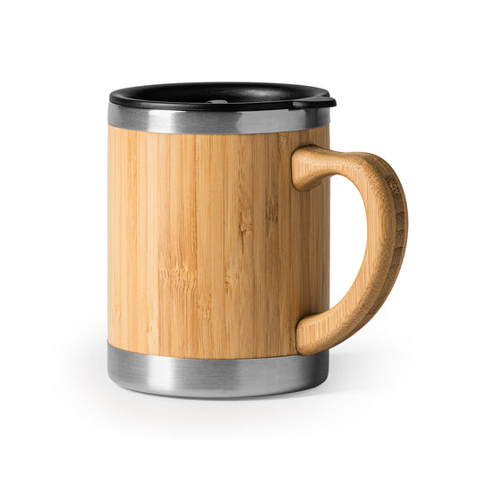 Taza de acero inoxidable con doble pared y exterior en bambú. Capacidad de 340ml