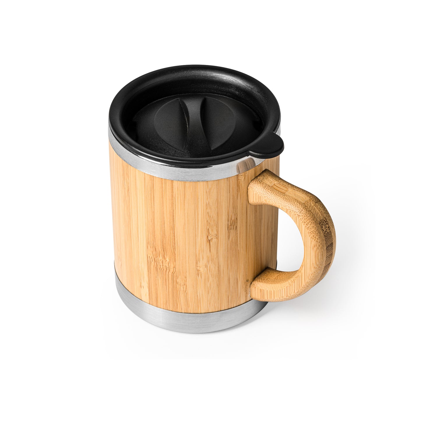 Taza de acero inoxidable con doble pared y exterior en bambú. Capacidad de 340ml