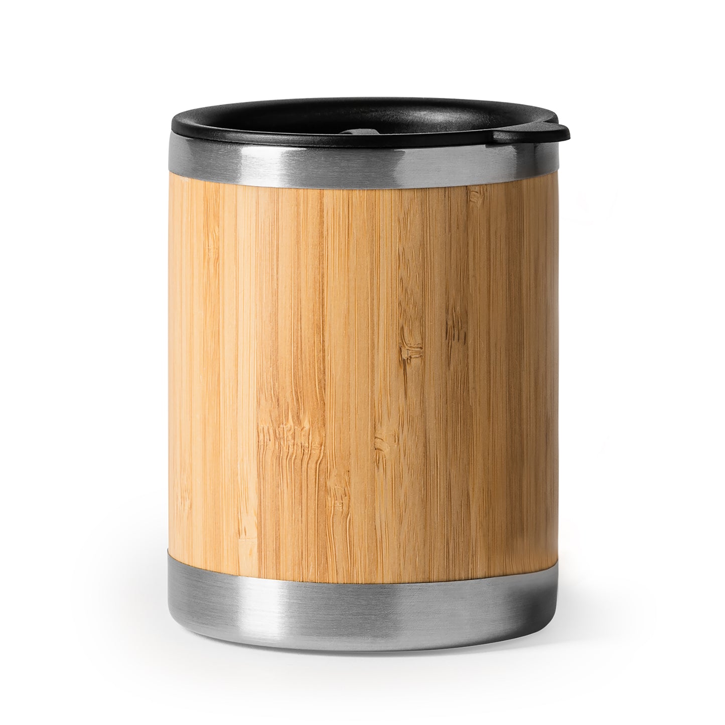 Taza de acero inoxidable con doble pared y exterior en bambú. Capacidad de 340ml