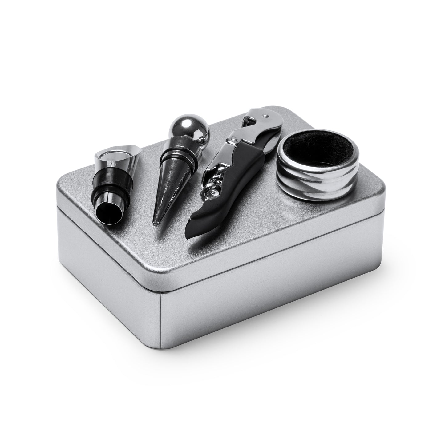 Set de vino con accesorios de acero inoxidable, sacacorchos con cortacápsulas, recogegotas, tapón y dosificador.