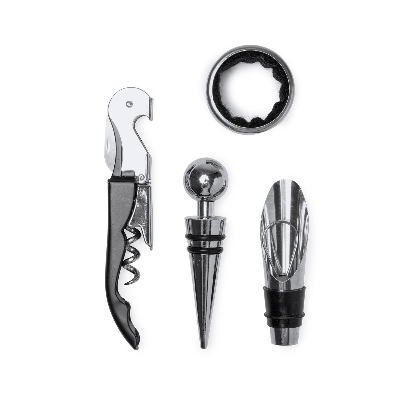 Set de vino con accesorios de acero inoxidable, sacacorchos con cortacápsulas, recogegotas, tapón y dosificador.