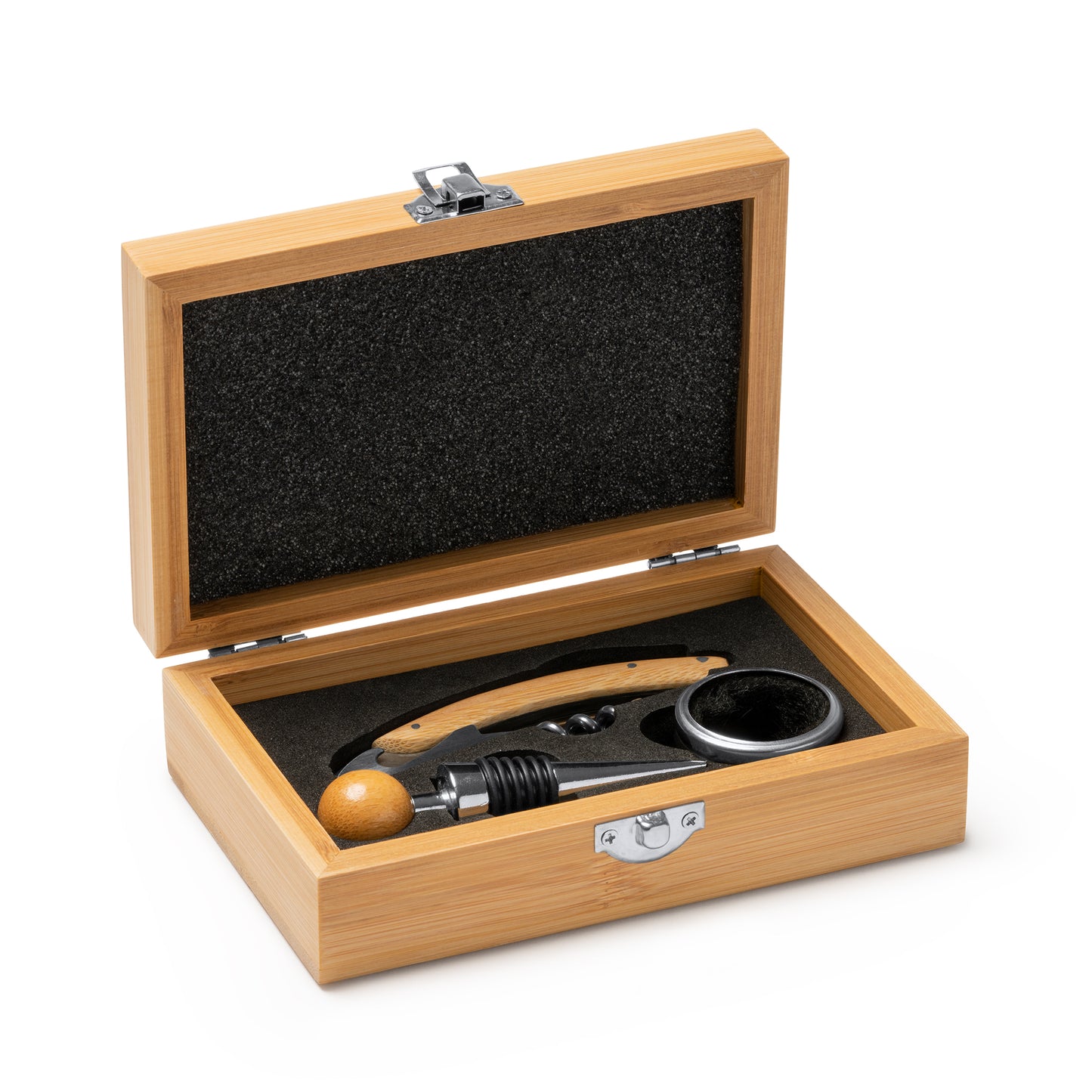 Set de vino con accesorios de acero inoxidable y detalles en bambú