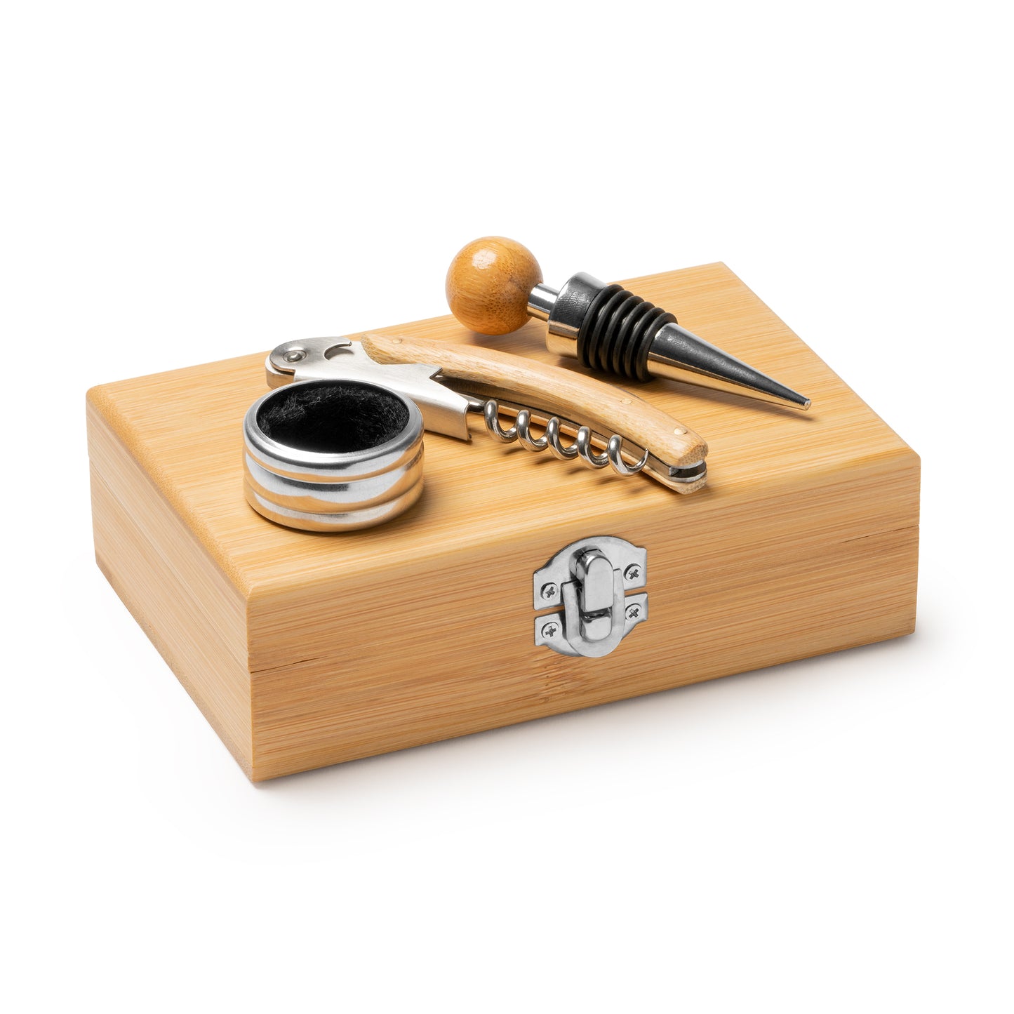Set de vino con accesorios de acero inoxidable y detalles en bambú