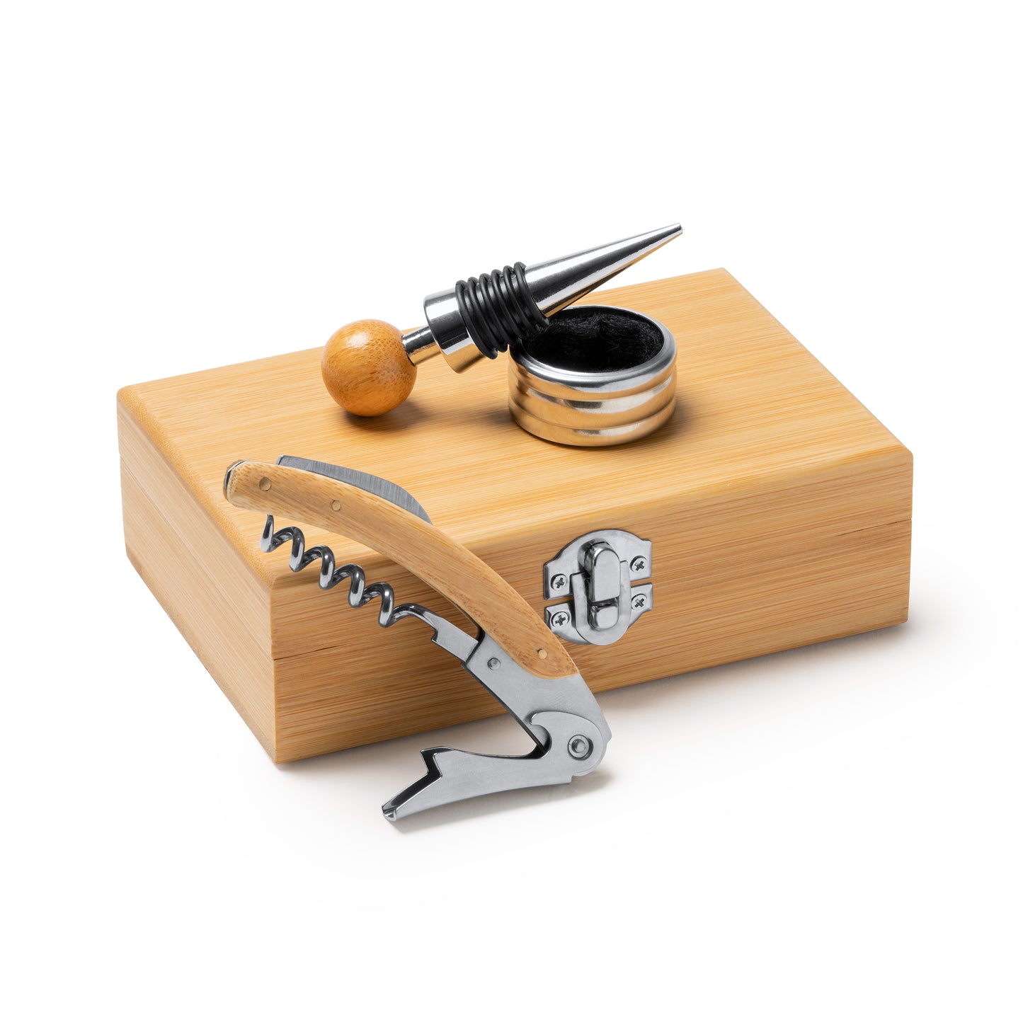 Set de vino con accesorios de acero inoxidable y detalles en bambú