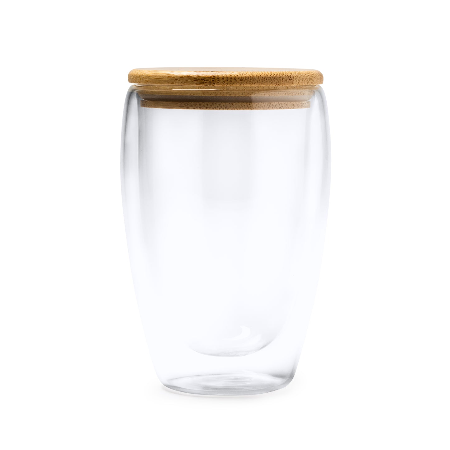 Vaso de doble pared realizado en cristal borosilicato con tapa de bambú. Capacidad 350 ml.