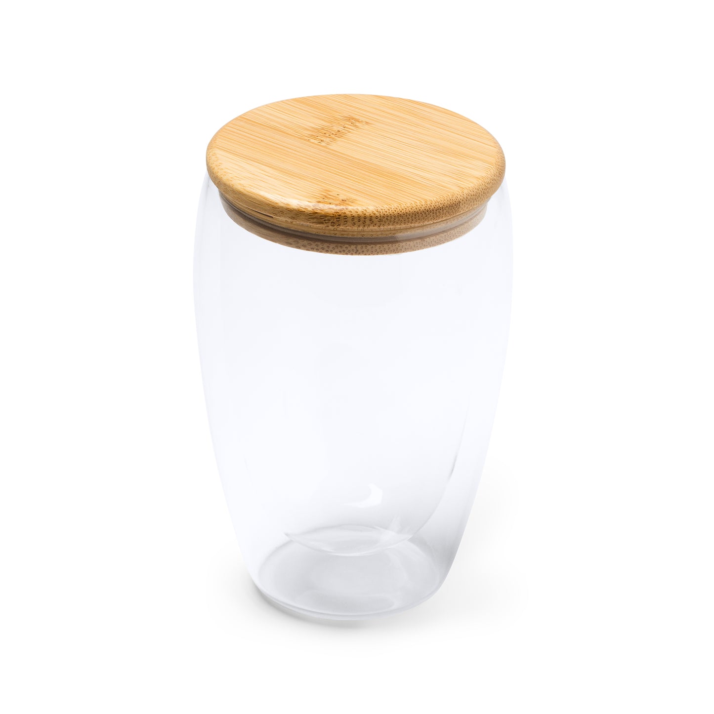 Vaso de doble pared realizado en cristal borosilicato con tapa de bambú. Capacidad 350 ml.