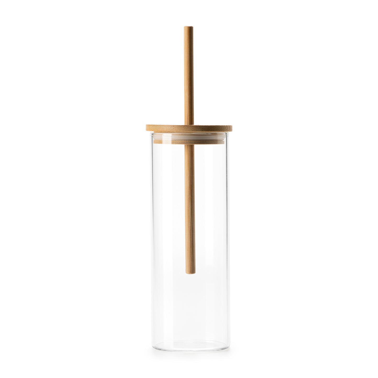 Bonito vaso realizado en cristal borosilicato con funda de corcho natural, tapa y pajita en bambú.