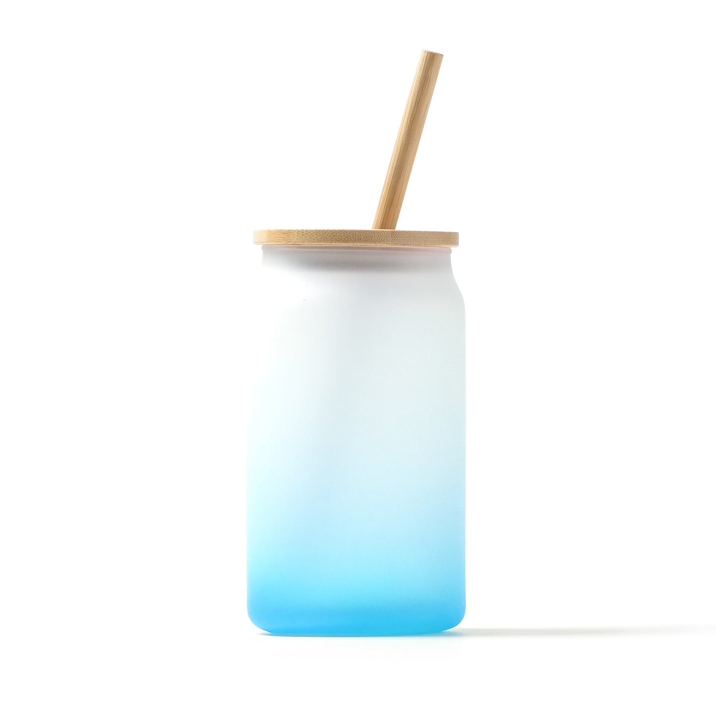 Vaso de cristal borosilicato efecto hielo degradado a color. Tapa y pajita de bambú. Capacidad 350 ml.