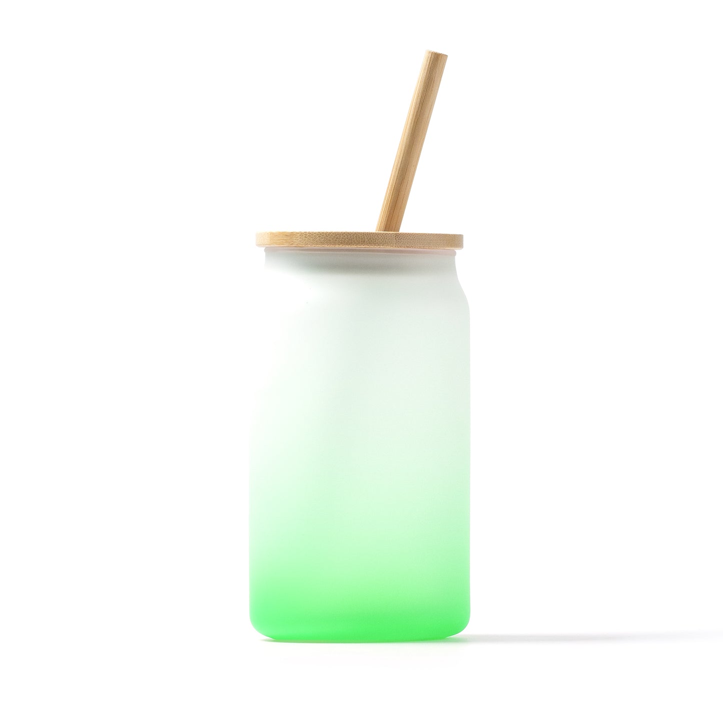 Vaso de cristal borosilicato efecto hielo degradado a color. Tapa y pajita de bambú. Capacidad 350 ml.