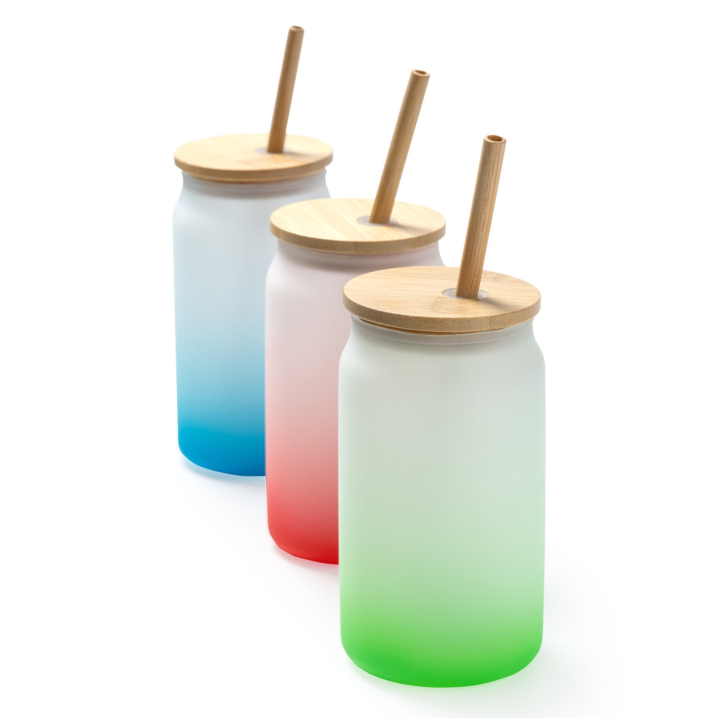 Vaso de cristal borosilicato efecto hielo degradado a color. Tapa y pajita de bambú. Capacidad 350 ml.