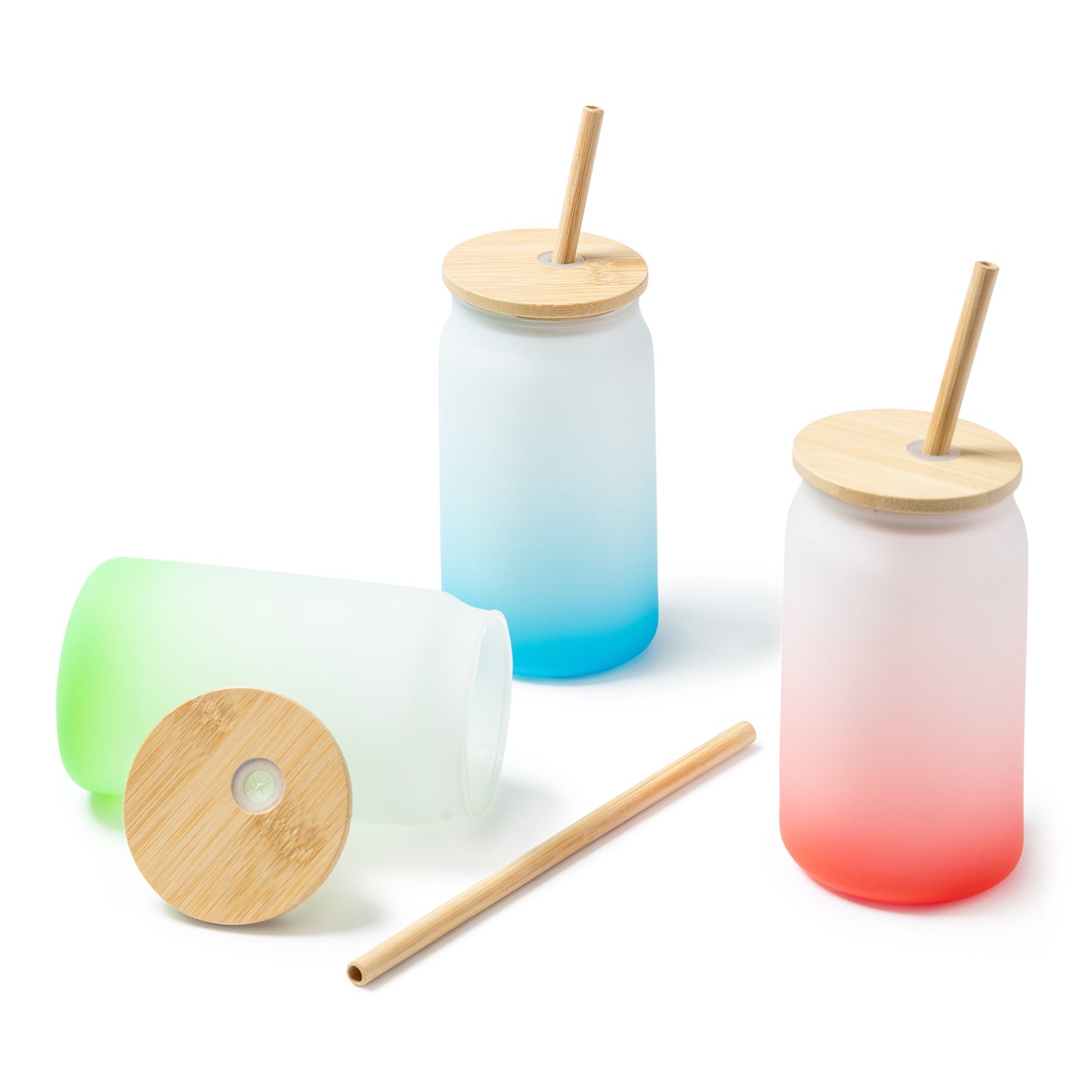 Vaso de cristal borosilicato efecto hielo degradado a color. Tapa y pajita de bambú. Capacidad 350 ml.