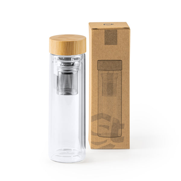 Bidón de cristal con tapa de bambú e infusor de té